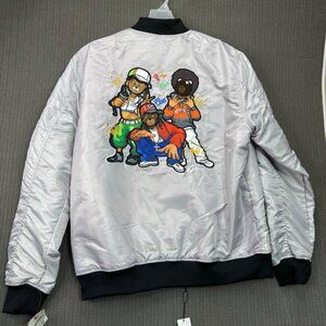Bleeker & Mercer Mens Satin Bomber Jacket 2XL White & Black Hip Hop Print